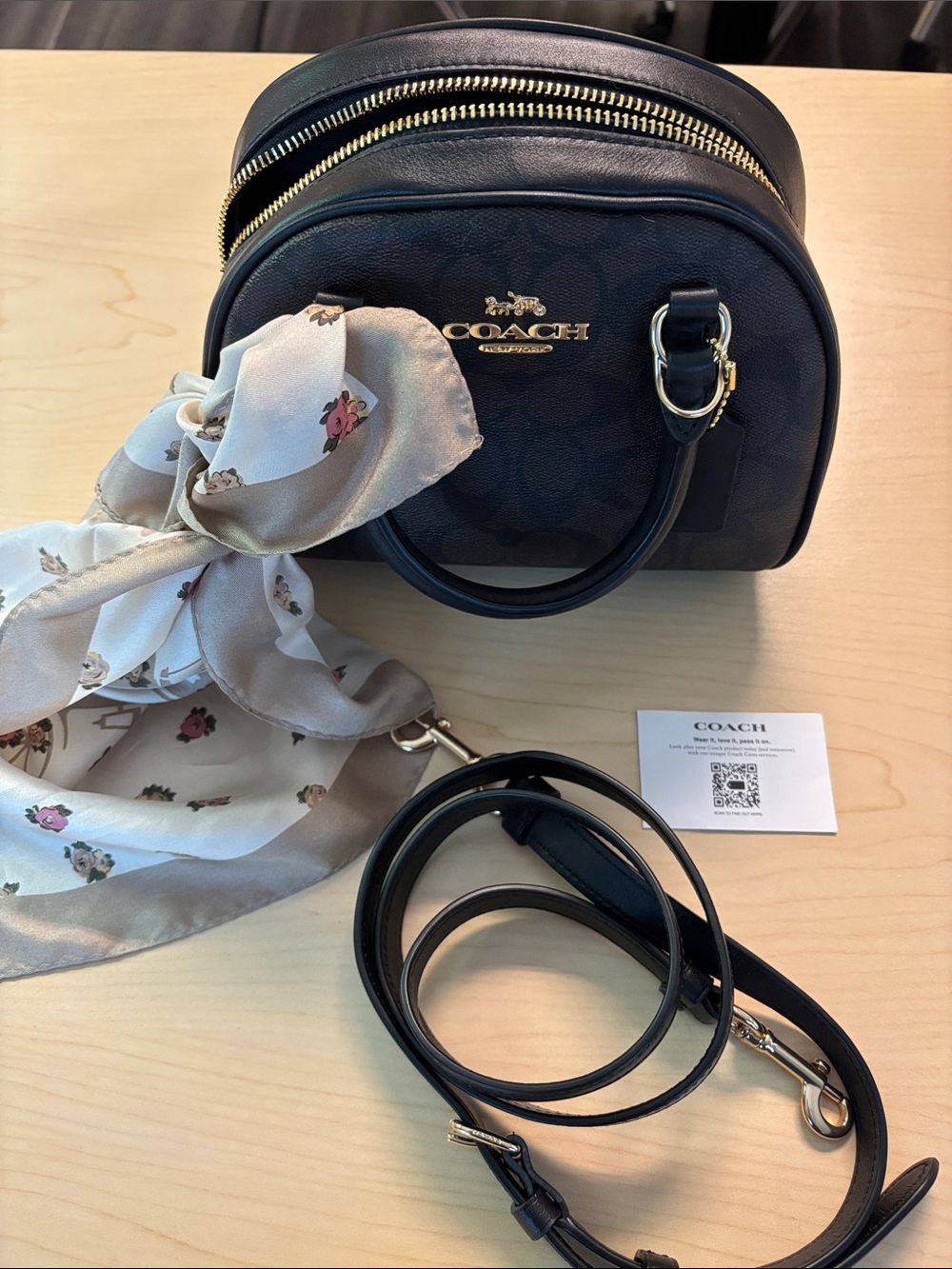 Coach Black Dome Satchel with Gold Hardware and Floral Scarf